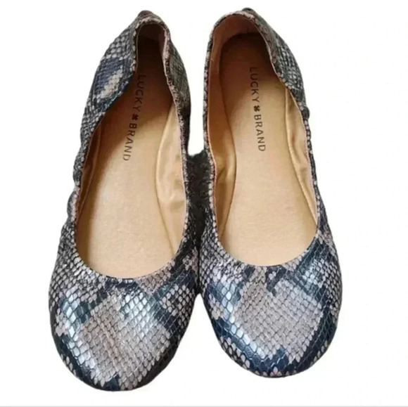 LUCKY Brand Emmie Ballerina Flat Snake Print Slip On  Shoes Black Cream Women 7 - Picture 2 of 11